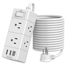 15Ft Flat Plug Extension Cord Power Strip with 6 AC Outlets and 3 USB Ports