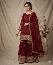 Heavy Vichitra Silk Maroon Kurta Palazzo With Dupatta For Indian Functional