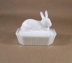 Vintage Westmoreland Covered Dish Milk Glass Bunny Rabbit | Picket Fence Bottom
