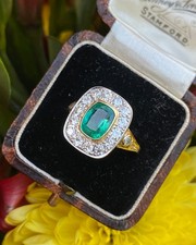 Vintage Emerald and Diamond Cluster Ring 0.80ct + 1.30ct 18ct Yellow Gold