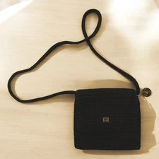 THE SAK Mini Crochet Crossbody Knit Flap Black Bag