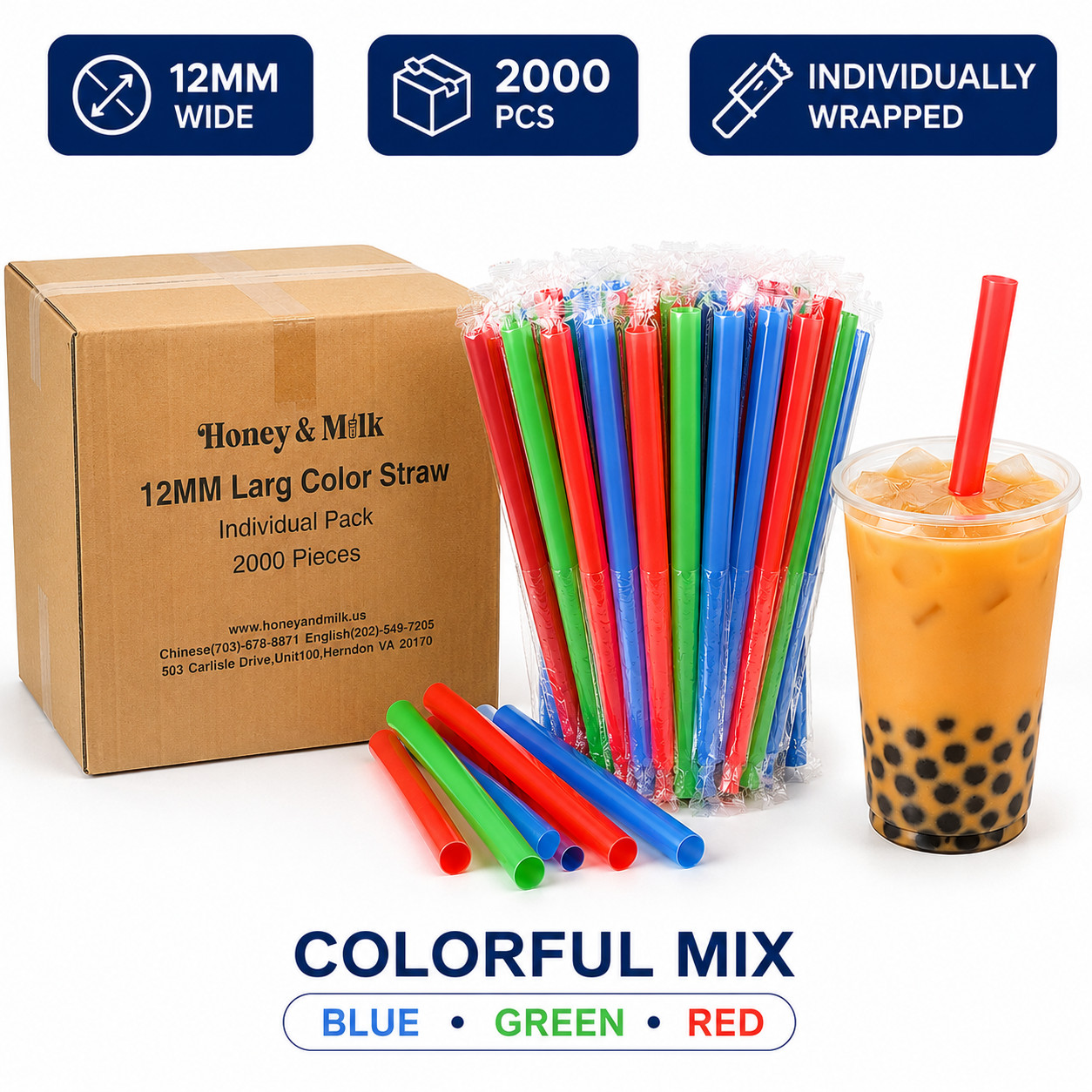 Pajitas Boba 2000 unidades envueltas individualmente 12 mm de ancho burbujas pajitas de té