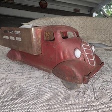 Vintage 1930s Tin Red Stake Bed Toy Truck Vehicle wood wheels