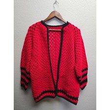 Red Knitwear Cardigan Chic Artisan Oversized Granny Square Crochet Sweater