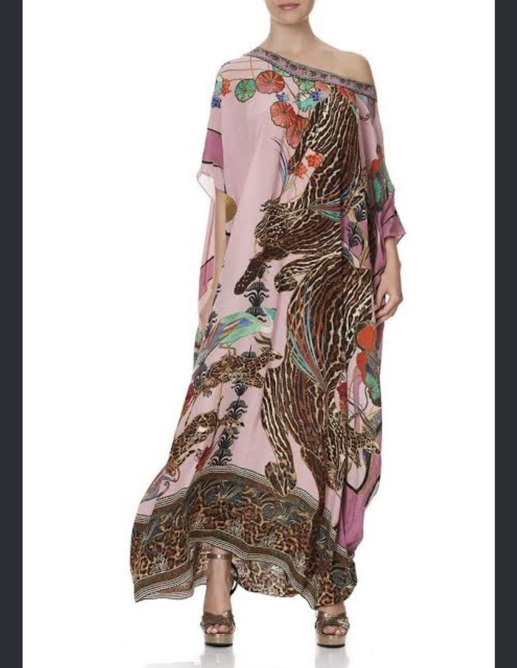 Camilla Kaftan Maxi Dress OS Crystals Pink Leopard Oriental Silk
