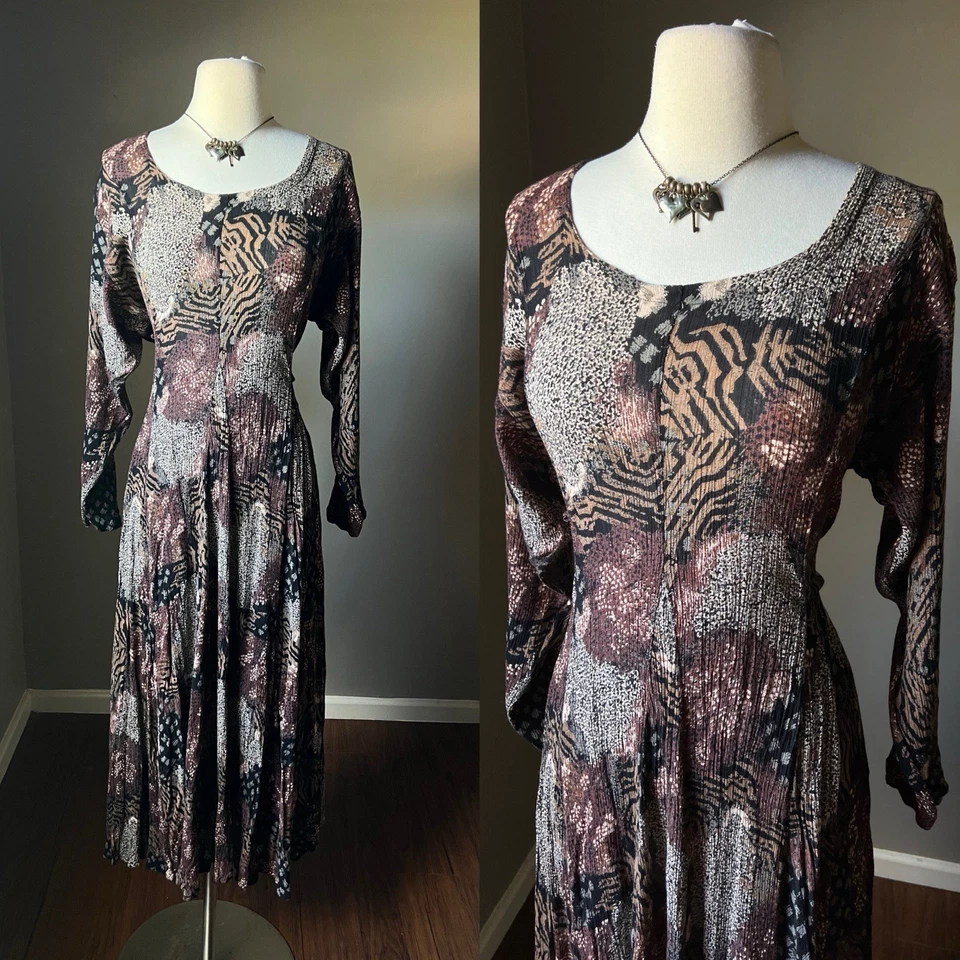 Maxi Vestido Vintage Años 90 Y2K Pequeño Marrón Abstracto Arrugado Rayón Acampanado Capricho Foto 2 de 4