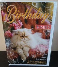 CUTE CAT FEMALE MALE BIRTHDAY CARD 7"X5" FLUFFY PERSIAN KITTEN & FLOWERSFREE P&P