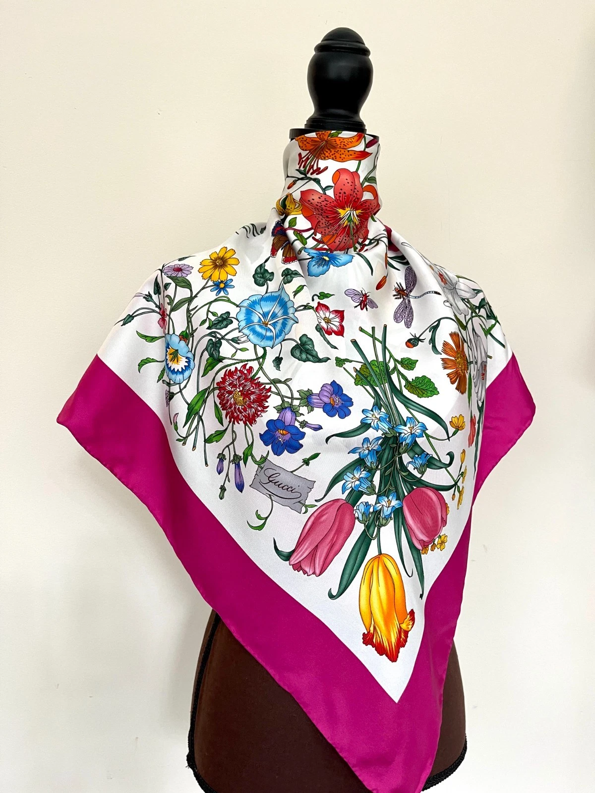 Gucci Flora Print White Pink Border Silk Scarf with Gucci Box