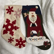 Lot Of 2 Vintage Christmas Stockings Ivory w Red Snowflakes Green w 3D Santa