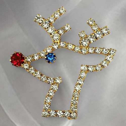 Vintage Rudolph The Red Nosed Reindeer Crystal Outline Gold Tone Holiday Brooch - Picture 2 of 5
