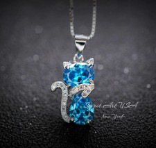 Cat Blue Topaz Necklace, Kitty Cat Swiss Blue Topaz Pendant Gemstone White Gold