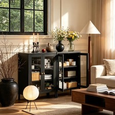 31.5" H Small Black Metal Floor Bathroom Storage Cabinet with Doors