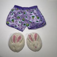 Build A Bear Plush Sleep Set Pajamas Purple w/ White Rabbit Slippers Frog Shorts