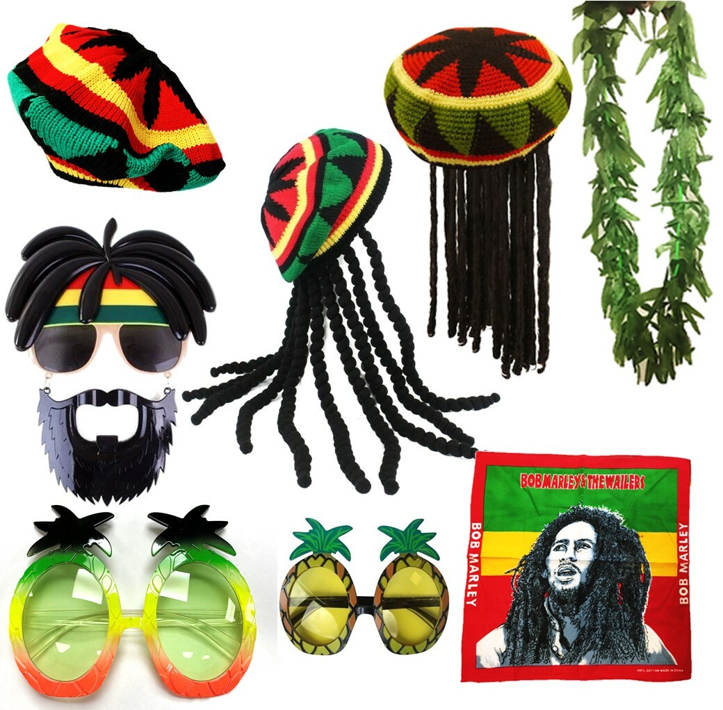 Costume Rasta 5 Pièces Déguisement Rasta 5 Pièces - Gilet, Chapeau Dreadlocks, Lunettes, Collier, Bracelet - Adulte Bob Marley