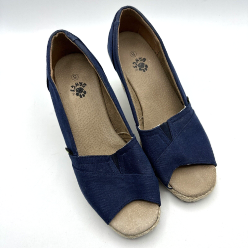 Dawgs Wedge Women's 8 Navy Blue Canvas Slip On Peep Toe Comfort Casual 3.5" heel