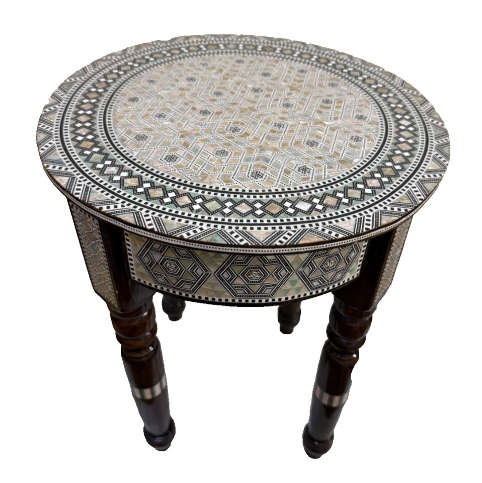 Handmade Wooden End Table Carving Wood Table Home Decor Mother of Pearl Inlay - Image 3 of 4