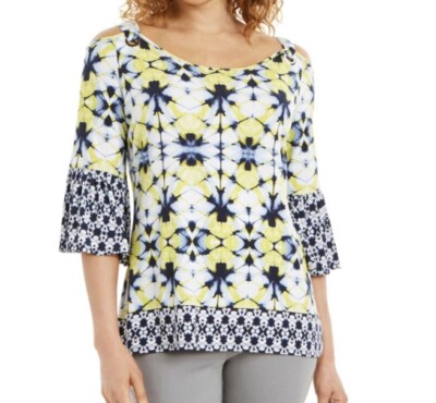 JM Collection Petite PM Beach Bliss Printed Cold Shoulder Bell Sleeve Top NWTS21
