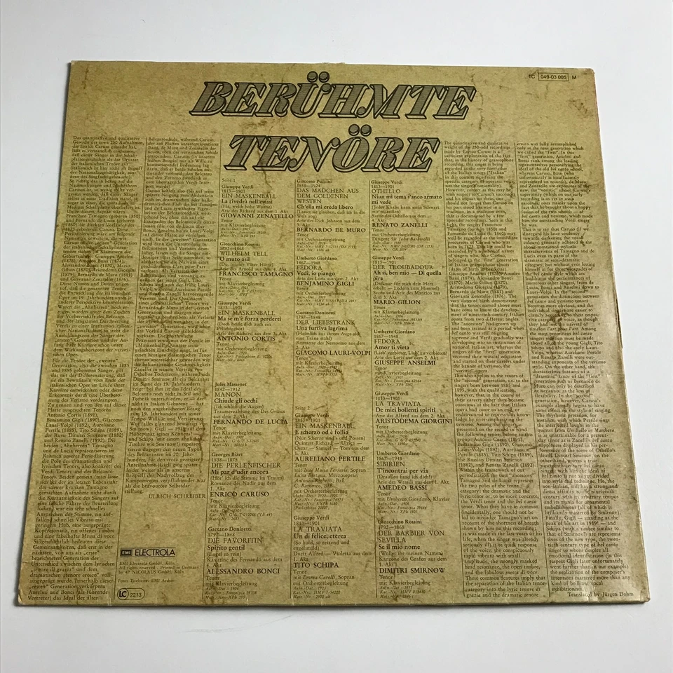 Various - Beruhmte Tenore LP Vinyl Record (GER) - 1C 049-03 005 M  VG+/EX - Изображение 2 из 4