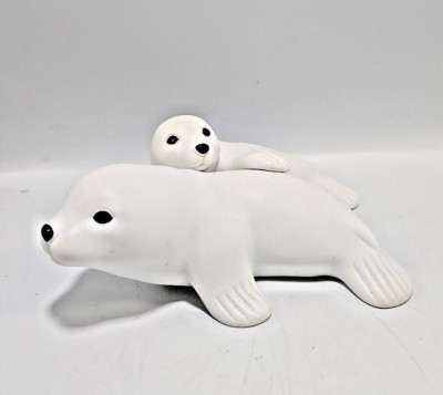 White Ceramic Seals Momma and Baby Pup Figurine Statue FTD Collector Series  6''