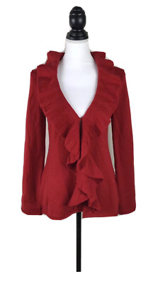 MAGASCHONI Wool Sweater SZ S Red Ruffle-Front Hook-Close0 Long Sleeves 100% Wool