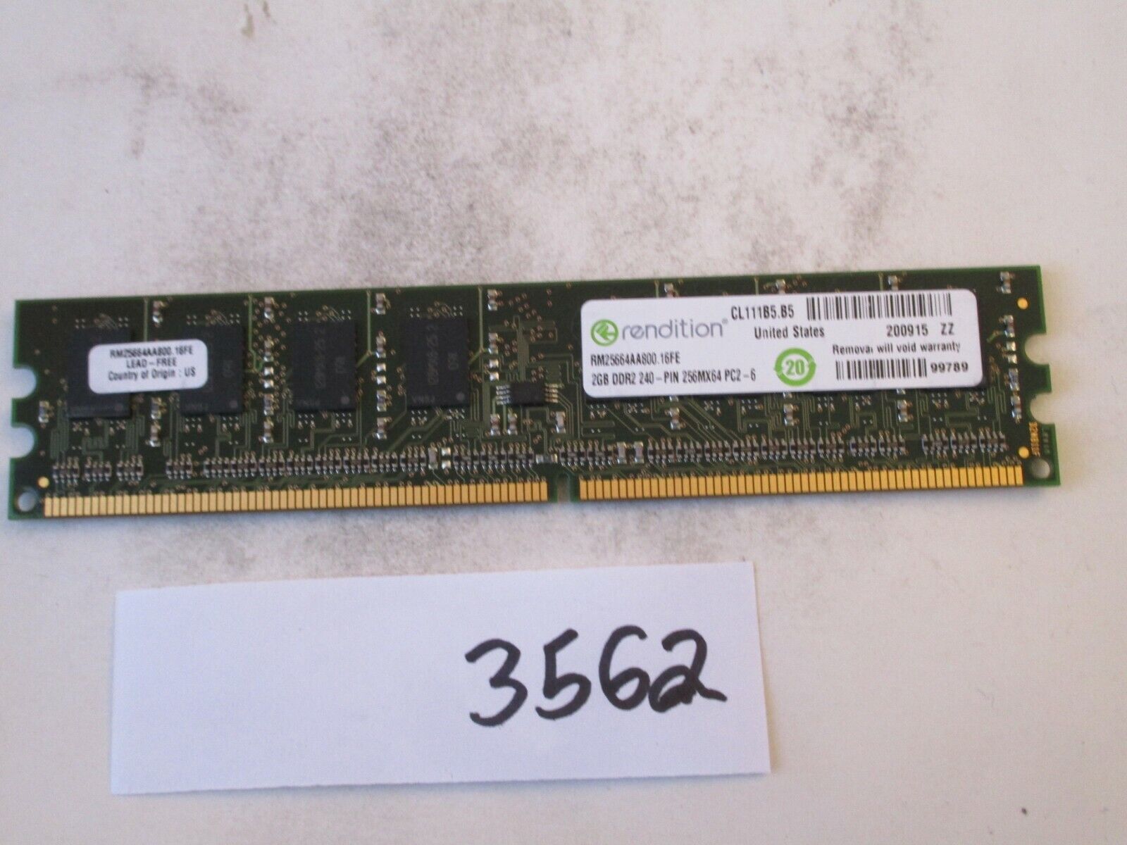 Rendition RM25664AA800.16FE 2Gb PC2-6400 800Mhz DDR2 Desktop Memory RAM (3562)
