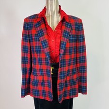 Vintage 70s Pendleton Red Plaid Wool Blazer Jacket 8 Women's USA-Made Blue Green