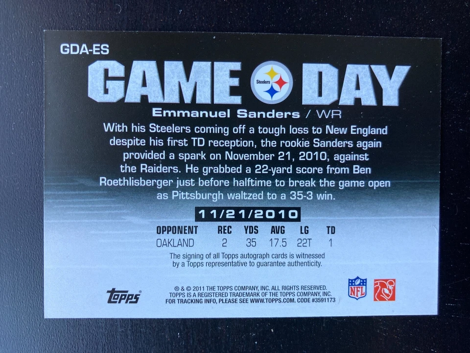 EMMANUEL SANDERS 2011 TOPPS GAME DAY SIGNATURES AUTOGRAPH AUTO - Image 2 of 2