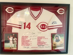 Pete Rose Autographed White Cincinnati Reds Jersey - Framed & ball autographed