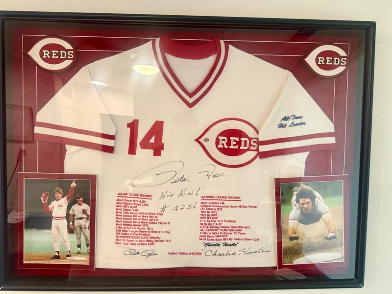 Pete Rose Autographed White Cincinnati Reds Jersey - Framed & ball autographed