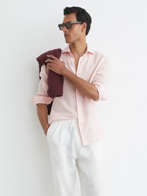 REISS Herren Ruban Leinen Hemd mit Cutaway-Kragen Regular-Fit in Rose Pink UK Größe M