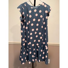 LOFT Petite Navy Pink Polka Dot Ruffle Hem Dress Size 10