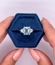 4.20CT Emerald Cut Lab Grown Fancy Vivid Diamond Trilogy Gift Ring 950 Platinum