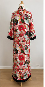 Japanese Inspired Floral Bird Print Maxi Robe Dress/Kimono Black Satin Tie Trim