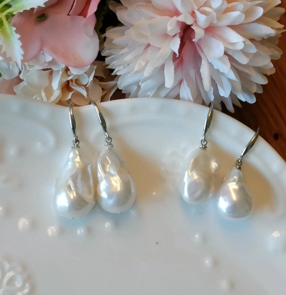 Paar elegante S925 Ohrringe mit großem weißen BarockPerl-Tropfen - unregelmäßige - Bild 3 von 4