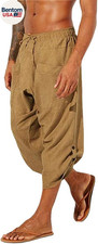 Mens Linen Harem Capri Pants Drawstring 3/4 Shorts Casual Beach Yoga Hippie Thai
