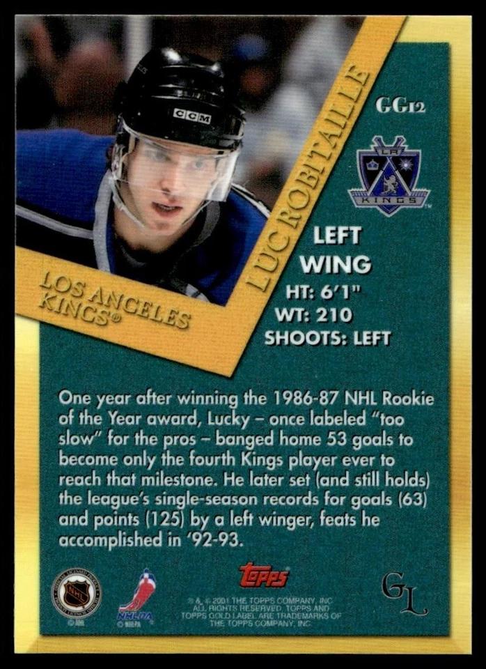 2001-02 TOPPS GOLD LABEL GOLDEN GREATS Luc Robitaille Los Angeles Kings #54 - Image 2 of 2