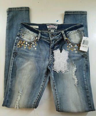 HOT KISS DENIM SKINNY RIPPED JEANS JUNIORS SZ 1 NWT EMBELLISHED