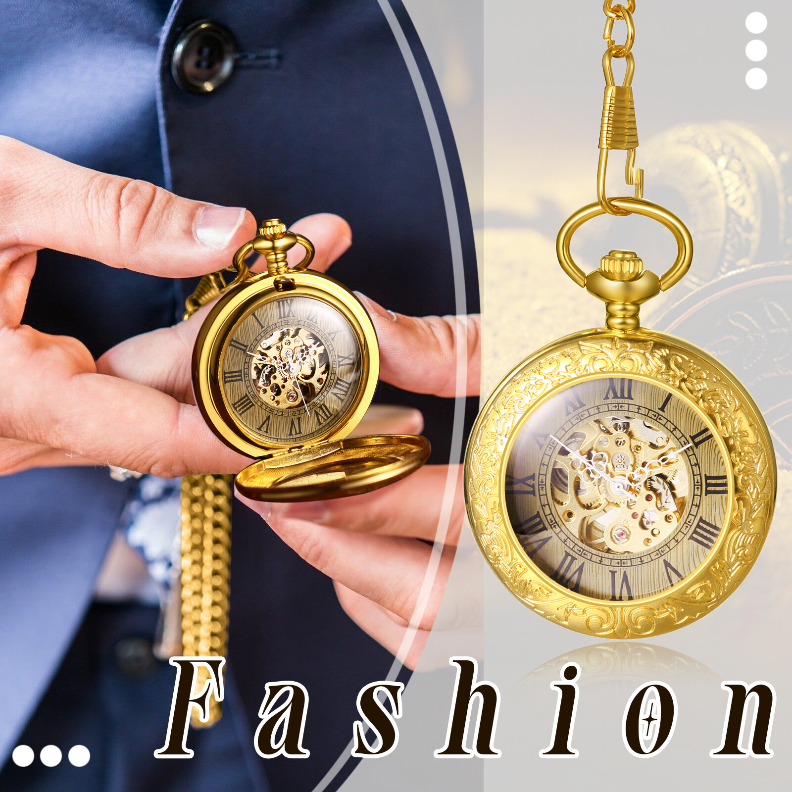 Luxury Gold Tone Transparent Automatic Mechanical Pocket Watch Roman Numerals