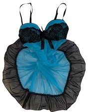 PER LEI Blue Silky Sheer Black Lace Trim Nightie Nightgown Womens L