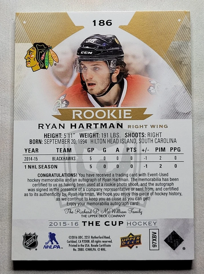 2015-16 UD THE CUP #186 RYAN HARTMAN #/24 GOLD ROOKIE PATCH AUTO AUTOGRAPH RC SP - Image 2 of 4