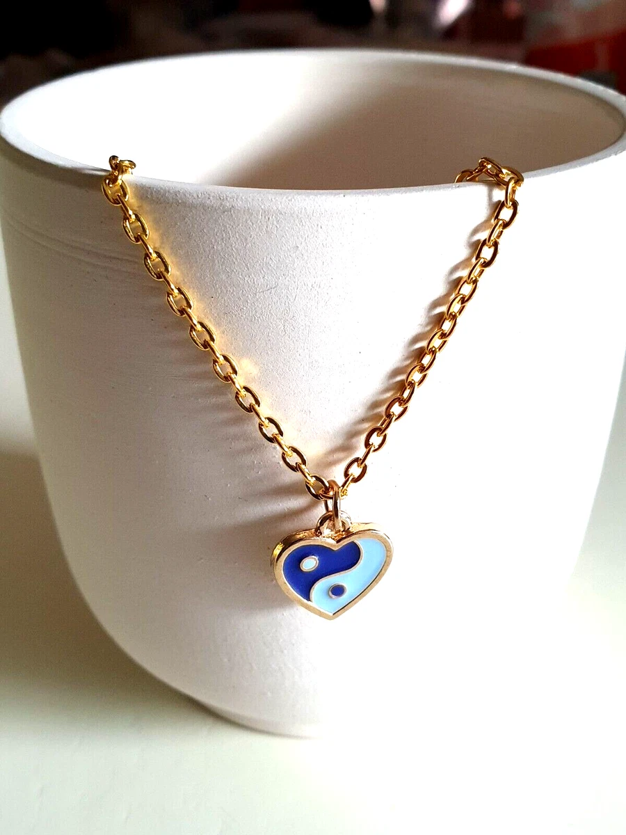Sweet Blue Enamel Yin Yang Heart Charm Pendant Gold Plated Necklace