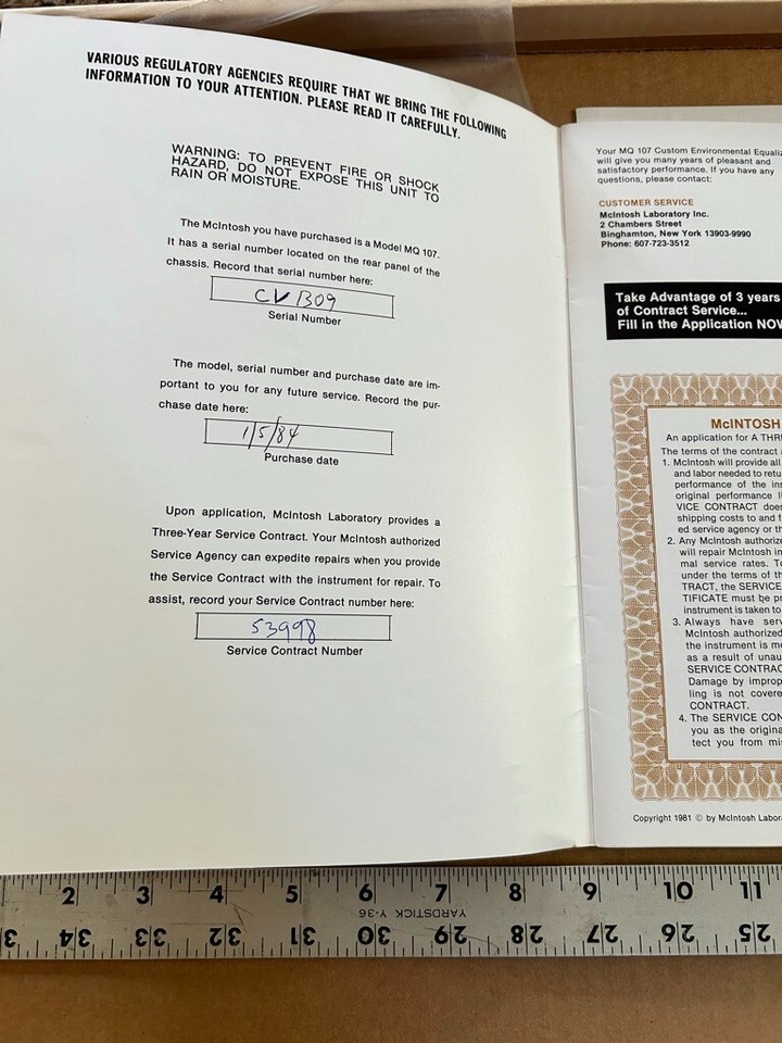 Vintage McIntosh MQ 107 Custom Environmental Equalizer Owner's Manual