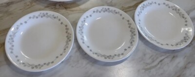 3 Corning Corelle 6 3/4'' in. Bread/ Dessert Plates Ribbon Bouquet Gray Flowers