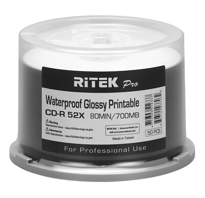 100 Ritek Pro CD-R 52X 700MB Water Resistant Glossy White Inkjet Printable Disc