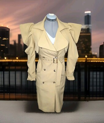 New Akira Today Is The Day Long Tan Trench Coat Womens Small Big Puffy Shoulders
