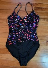 VTG Magic Suit Sz 12 Vibrant Abstract Stripes One Piece Slimming Swimsuit