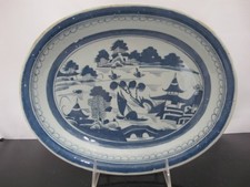 Chinese CANTON Blue Antique Porcelain Landscape Pagoda Large Oval Serving BOWL