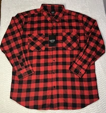 Boohoo Man Shirt Men Large Red Check Long Sleeve Flannel Button Up Cotton Casual