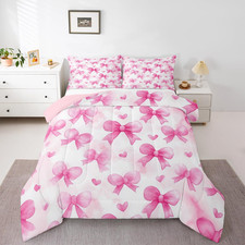 Cute Pink Love Heart Bow Comforter Set Twin Size Tie-Dye Bedding Set for Kids Bo