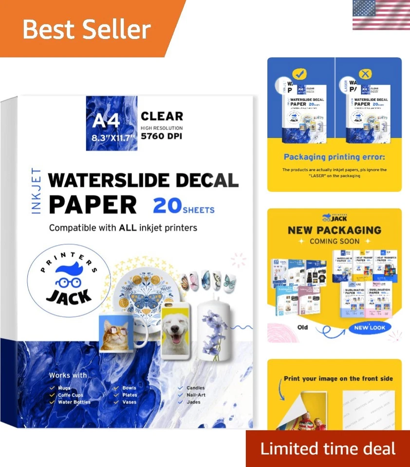 20 A4 Water Slide Decal Sheets - Inkjet Printable for Creative DIY - Image 1 of 4